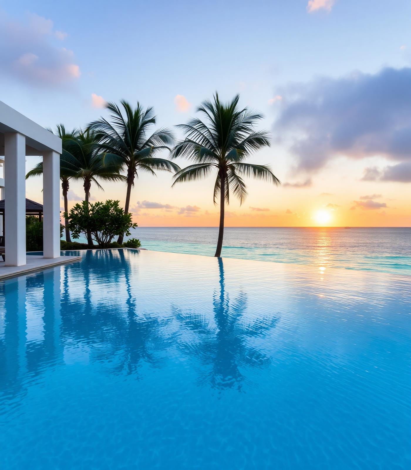 Piscina infinita en un resort frente al mar al atardecer